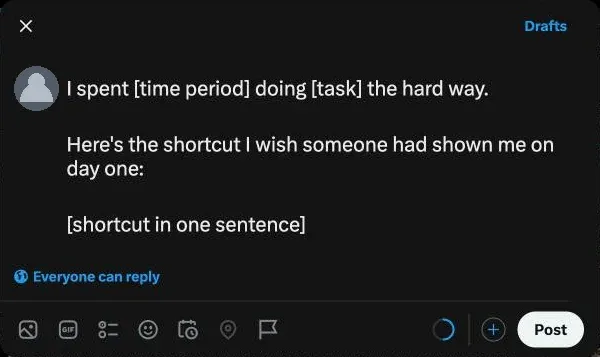 X's post composer opened from a template with Open in X: the text "I spent [time period] doing [task] the hard way" with its brackets still in place, before posting.