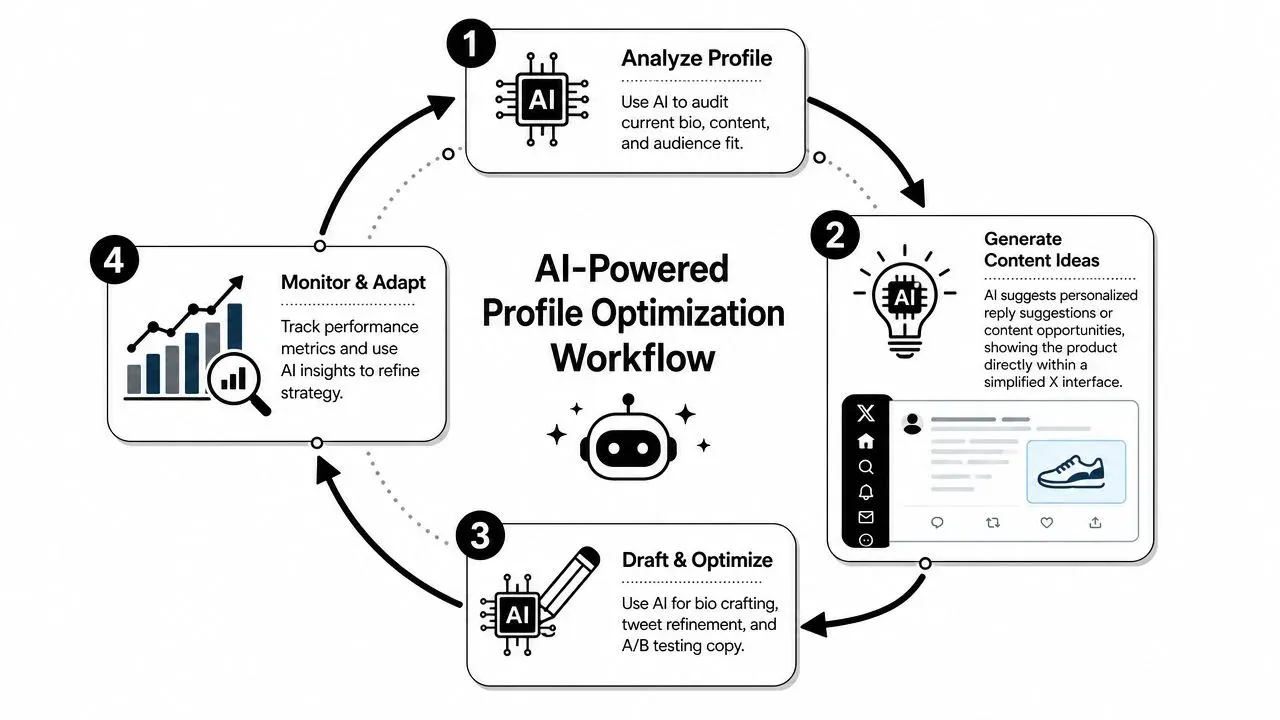 A circular diagram illustrating an AI-powered profile optimization workflow for social media management and strategy.