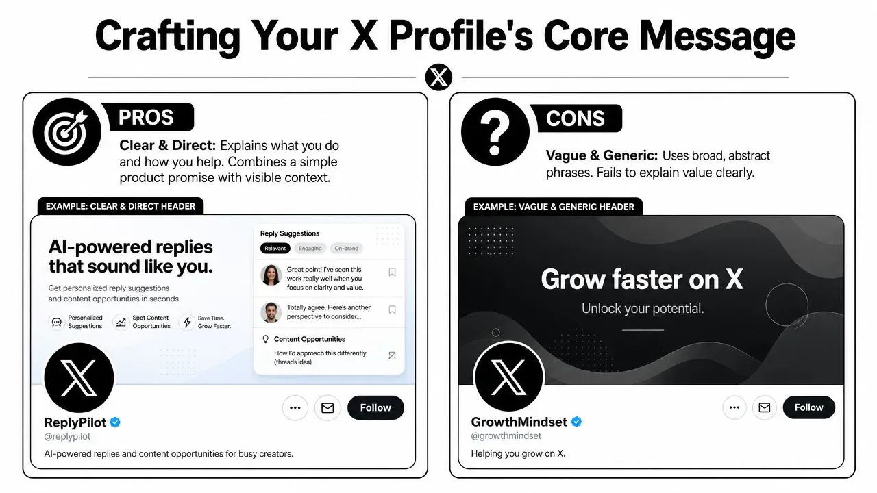 A guide comparing clear and vague Twitter profile headers to help users improve their personal branding.