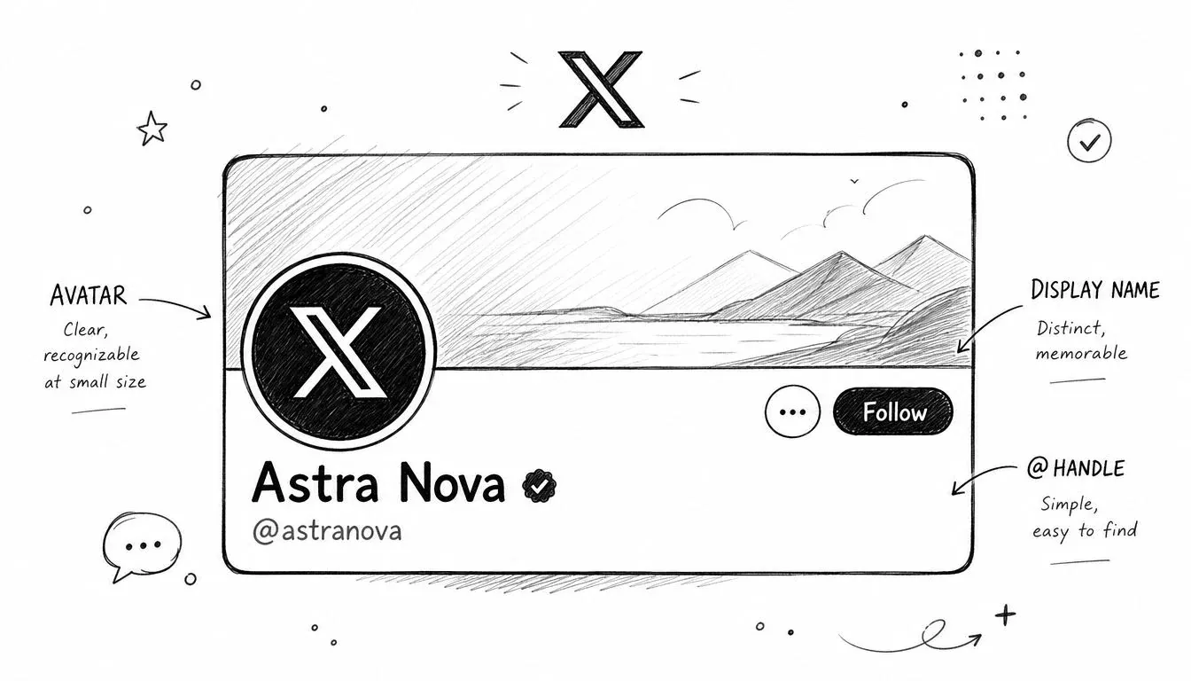 A hand-drawn sketch of a social media profile layout showing the avatar, display name, and handle components.