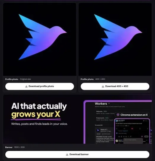 The three result cards for @XholicAI: Profile photo (original size), Profile photo (400 × 400) and the 1500 × 500 banner, each with its download button.