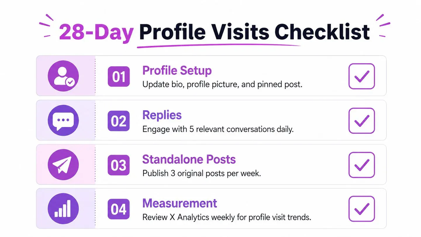 A 28-day checklist for increasing social media profile visits, featuring four actionable steps and checkmarks.