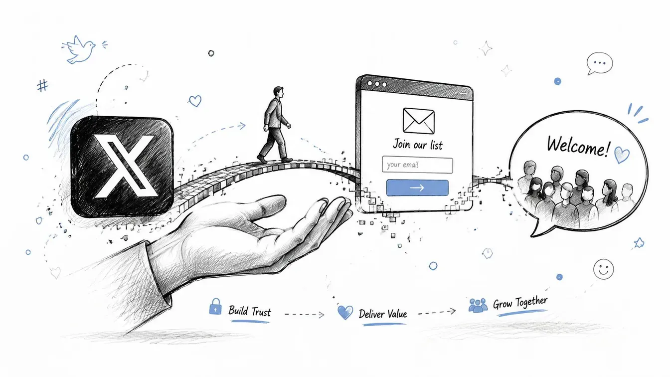 A hand-drawn illustration showing a person walking from the X logo towards an email list sign-up form.