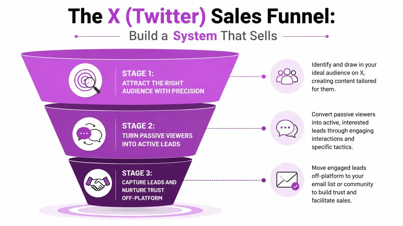A diagram illustrating a three-stage Twitter sales funnel to attract, convert, and nurture business leads.