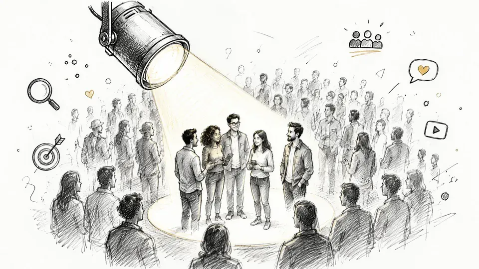 A pencil sketch of a spotlight shining on a group of people standing among a crowd.