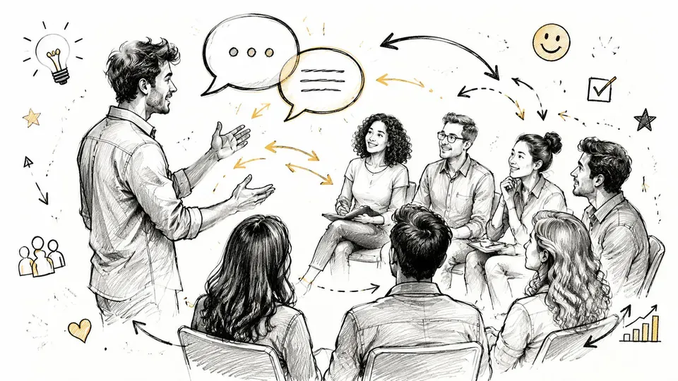 A hand-drawn sketch of a group of people collaborating in a professional brainstorming meeting with speech bubbles.