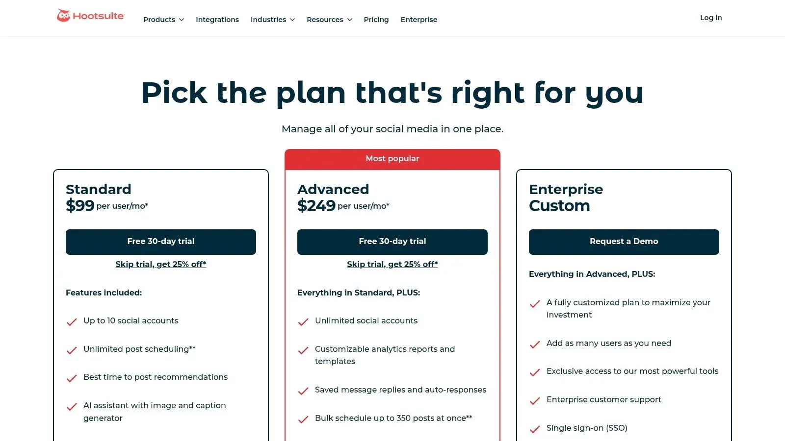 Hootsuite Twitter scheduler plan comparison page