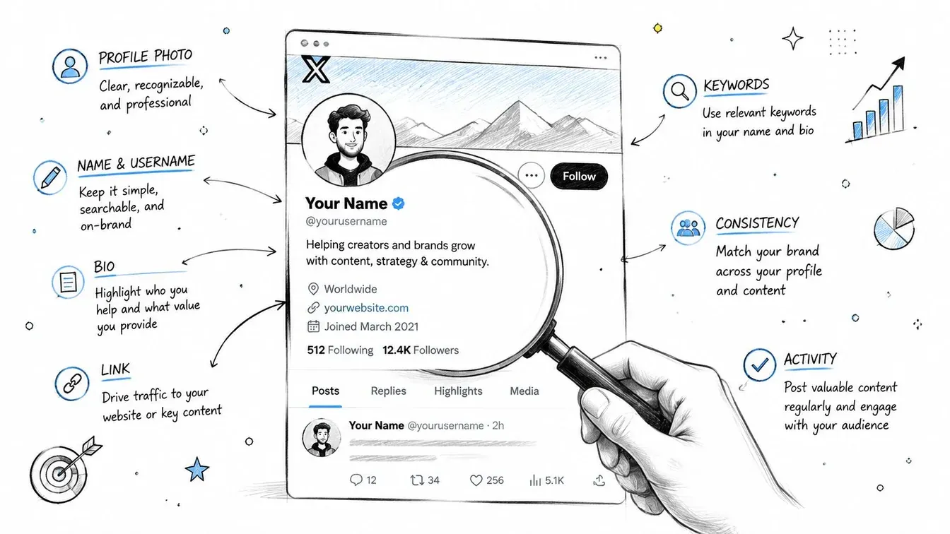 A magnifying glass over an X profile with labels for searchable profile elements and consistent activity.