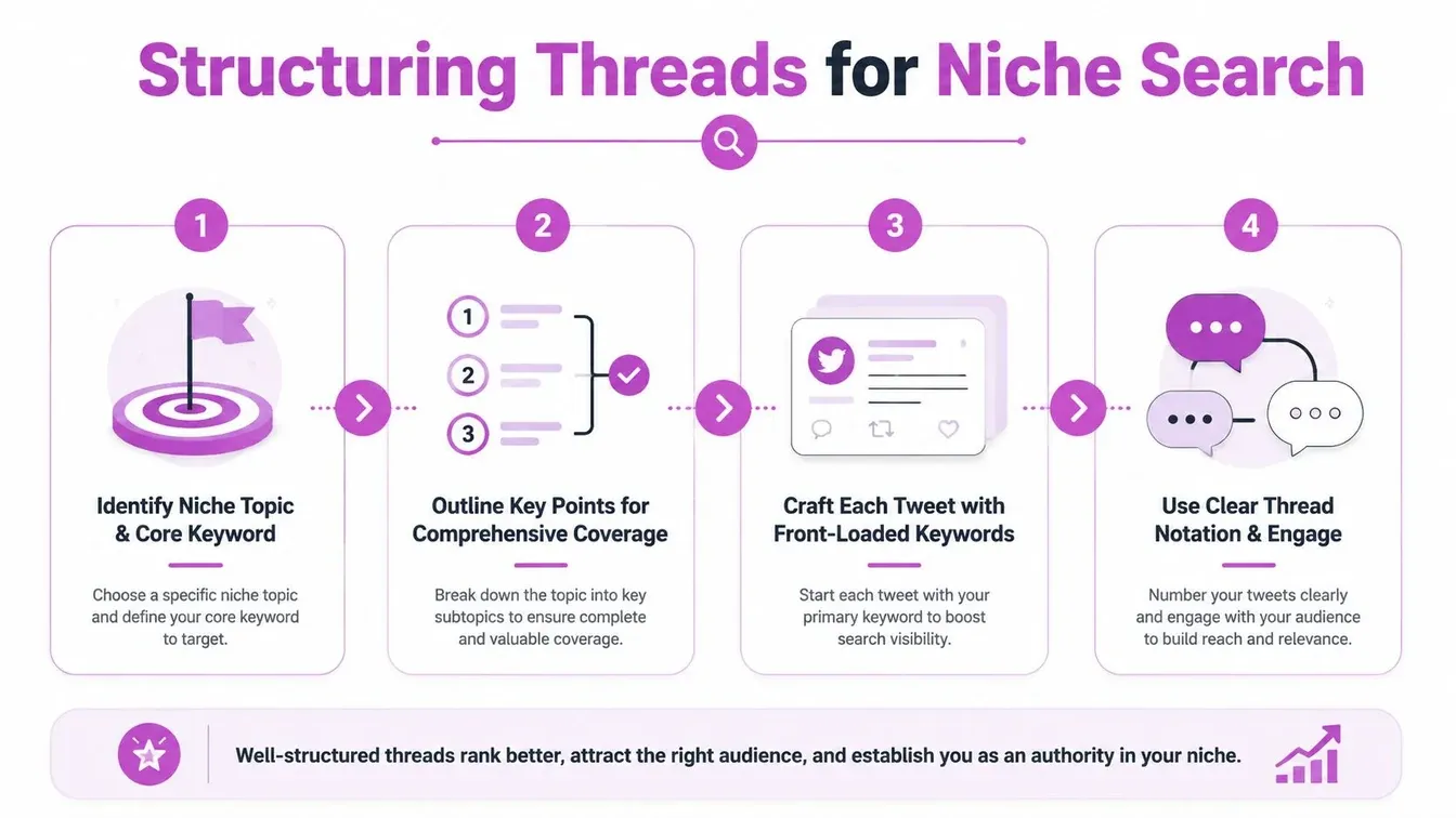 A four-step infographic showing how to structure X threads around a niche topic and front-loaded keywords.