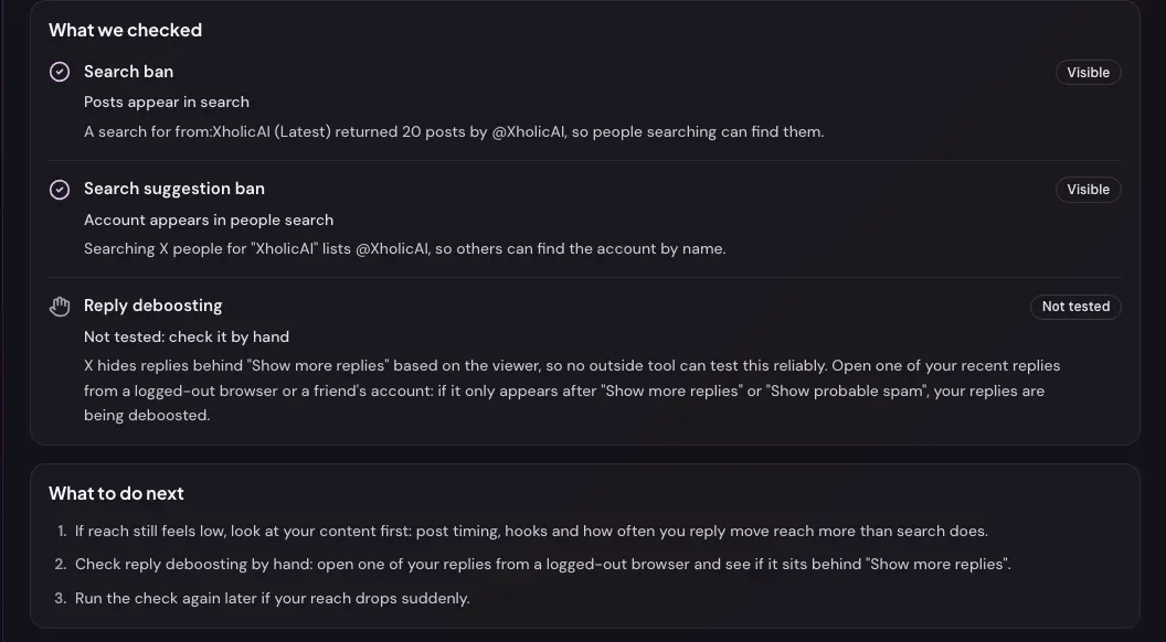 The checker’s “What we checked” list for @XholicAI: Search ban Visible (a from:XholicAI search returned 20 posts), Search suggestion ban Visible (people search lists the account), Reply deboosting Not tested with how to check it by hand, then three “What to do next” tips.