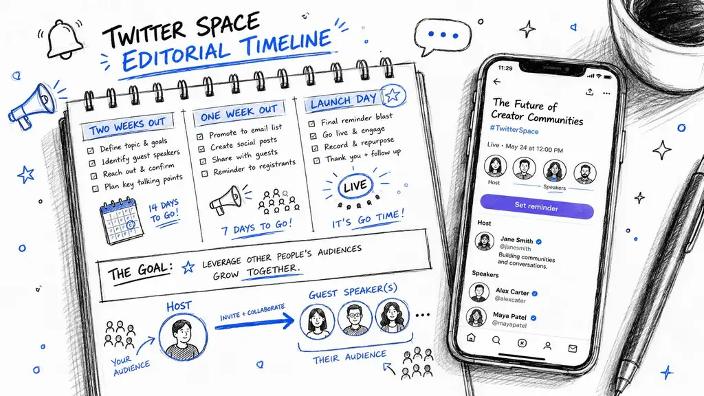 A hand-drawn sketch outlining a Twitter Spaces editorial timeline with pre-event steps and hosting strategies.