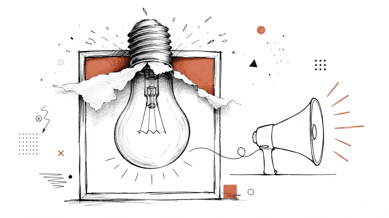 A line art drawing of a lightbulb emerging from a ripped paper frame beside a megaphone illustration.