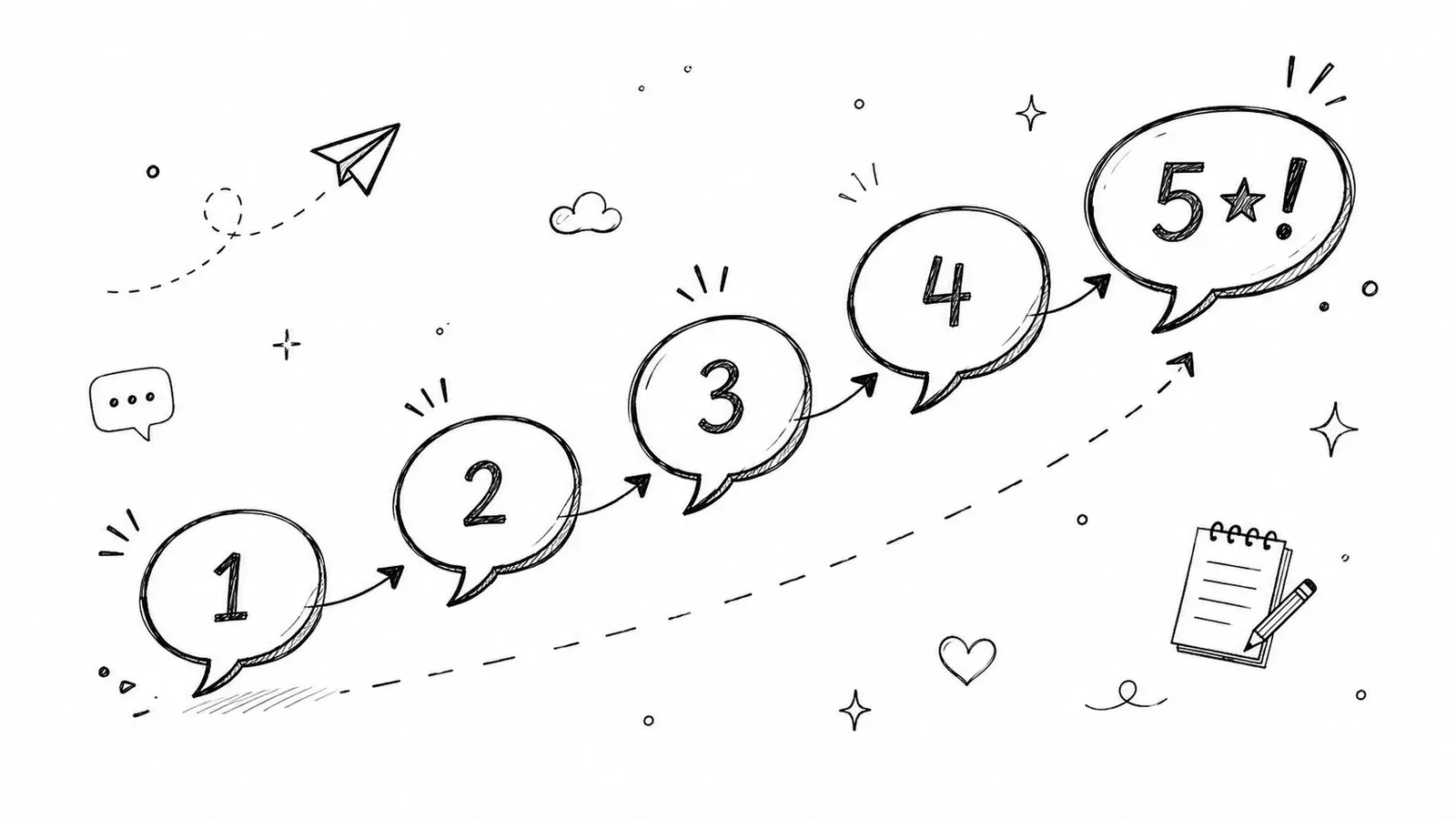 A hand-drawn sketch of a numbered list from one to five representing steps in a strategy.