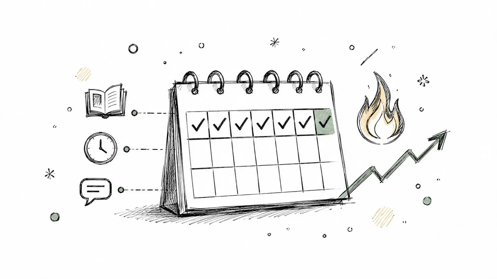 A hand-drawn calendar showing a streak of checked days alongside icons representing consistent study habits.