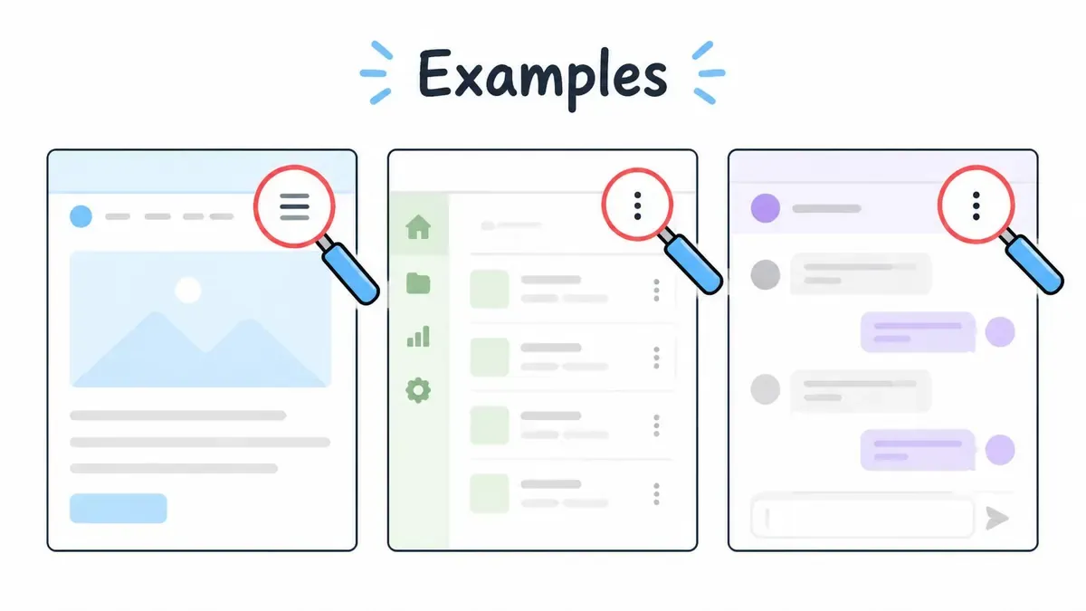 A graphic illustration showcasing three different user interface examples featuring menu icons under magnifying glasses.