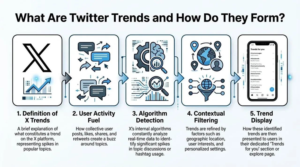 A five-step infographic explaining how trending topics form and are displayed on the X social media platform.