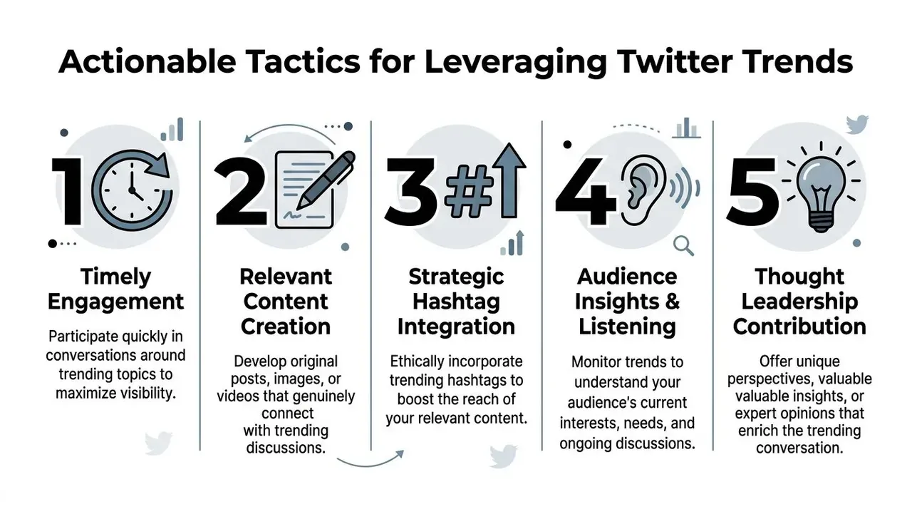 A numbered infographic detailing five actionable strategies for leveraging Twitter trends to improve social media engagement.