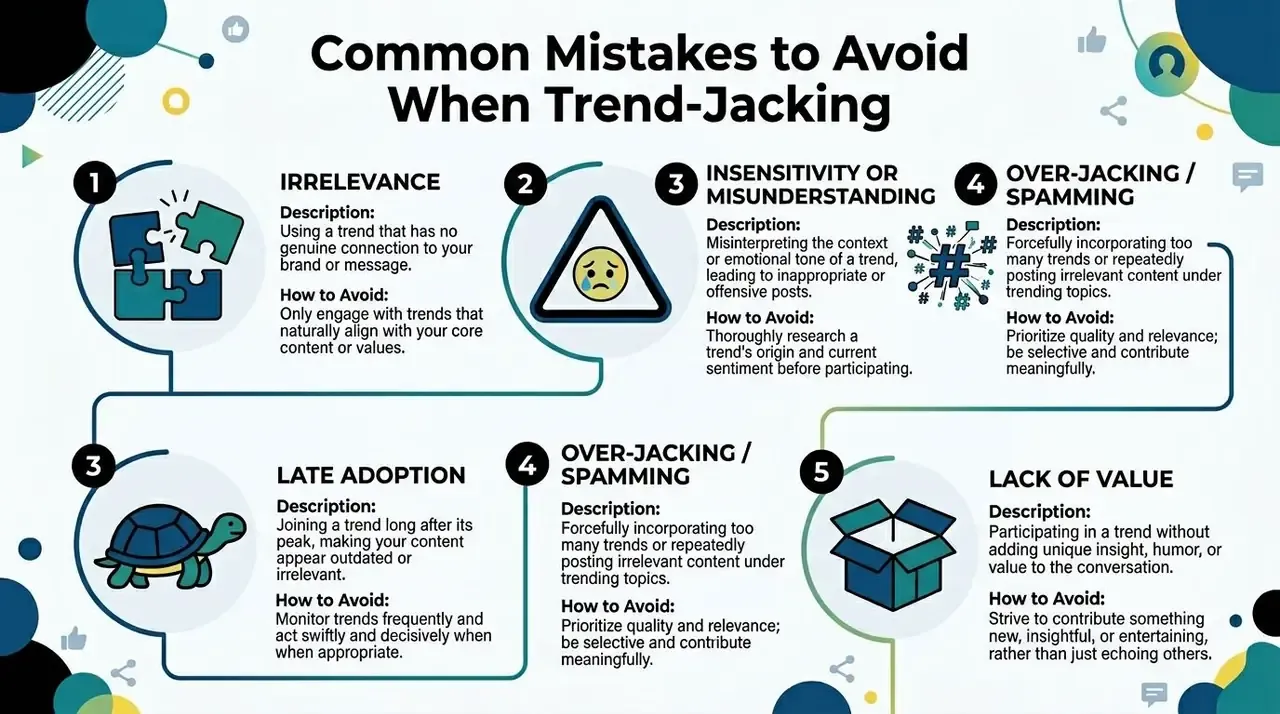 An infographic listing five common mistakes to avoid when participating in social media trend-jacking campaigns.