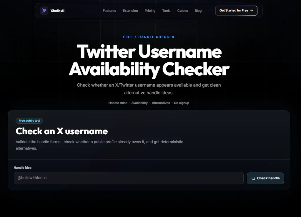Twitter Username Availability Checker interface for checking an X username.