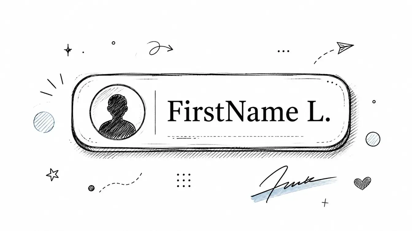 A hand-drawn name badge with a user icon and a first-name-plus-initial handle.