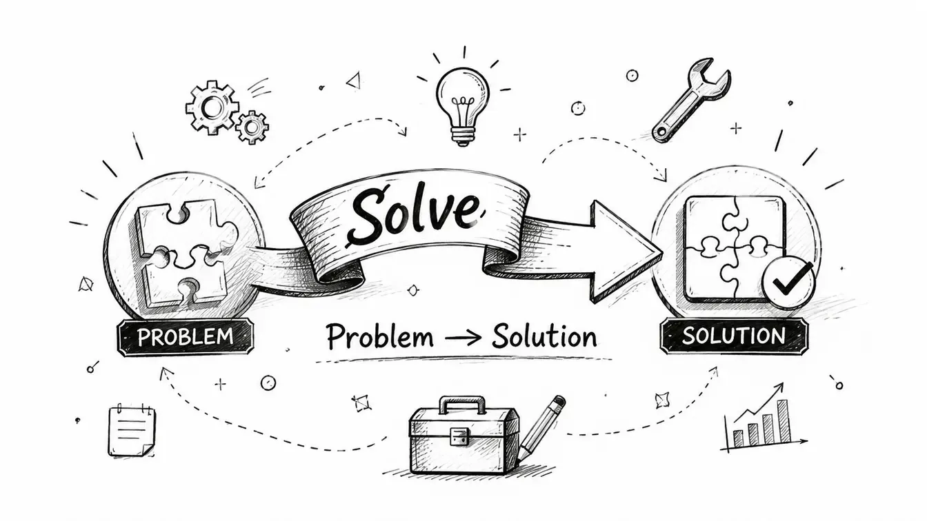 A hand-drawn illustration showing a problem turning into a solution.