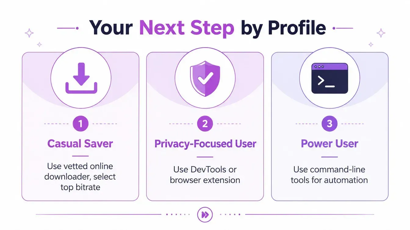 An infographic comparing video download workflows for casual, privacy-focused, and power users.