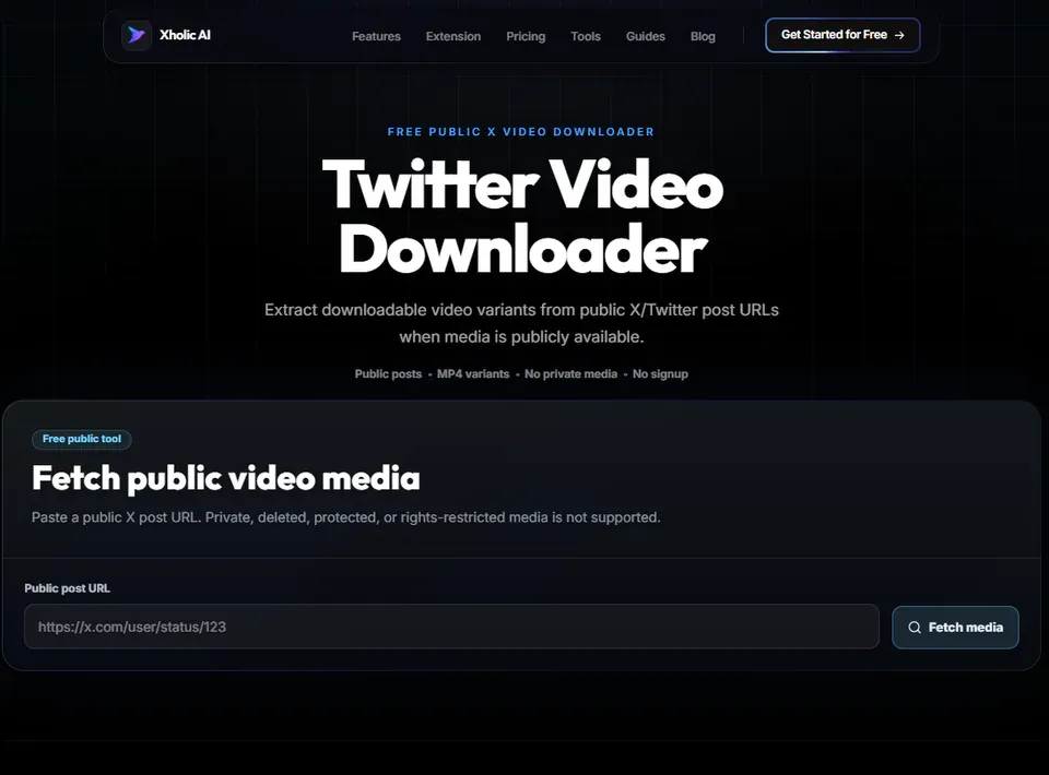 Twitter Video Downloader interface for fetching available MP4 video variants from a post URL.