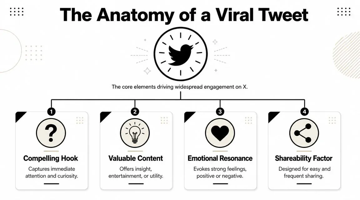 An infographic detailing the four key elements for creating viral tweets: hook, content, emotion, and shareability.