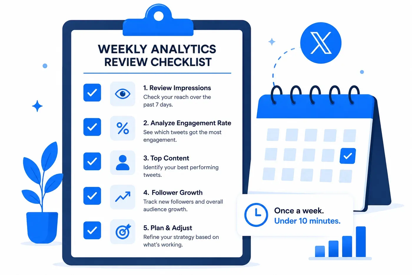 Weekly Twitter analytics review checklist graphic.