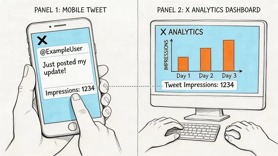 A split image showing a mobile tweet with impressions displayed alongside an X analytics dashboard on a computer.