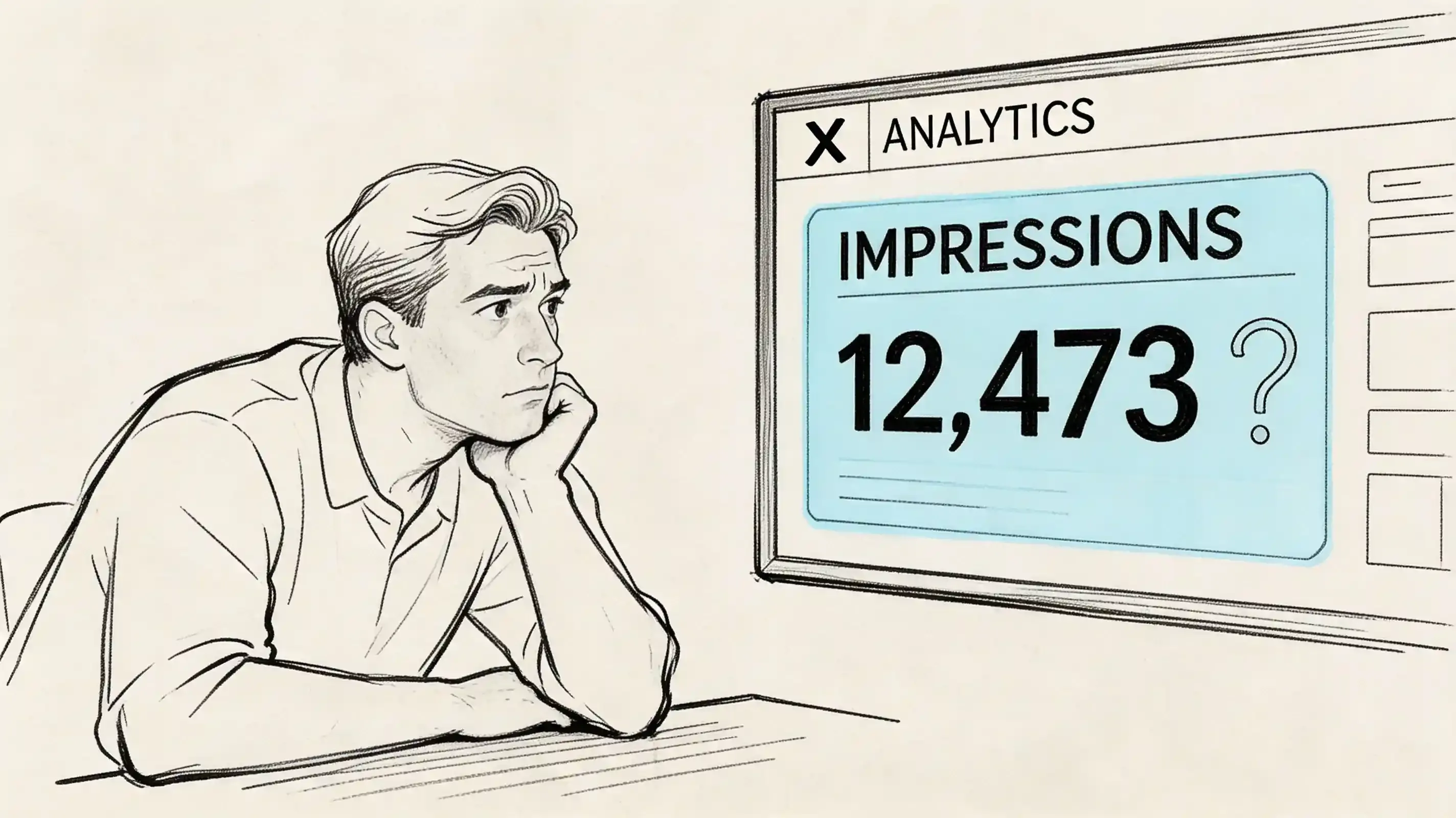 A person analyzing Twitter analytics on a computer, with a focus on impressions and engagement metrics.