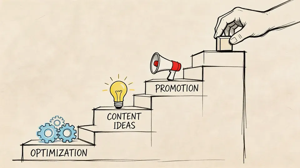 A conceptual illustration showing a hand adding a block to a staircase representing content strategy stages.