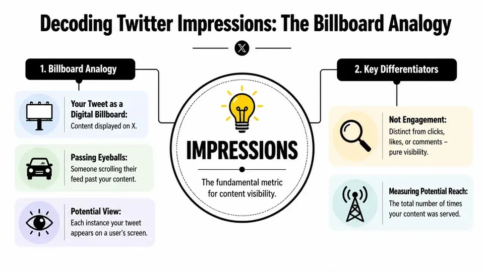 An infographic explaining Twitter impressions using a digital billboard analogy and listing key differentiators.