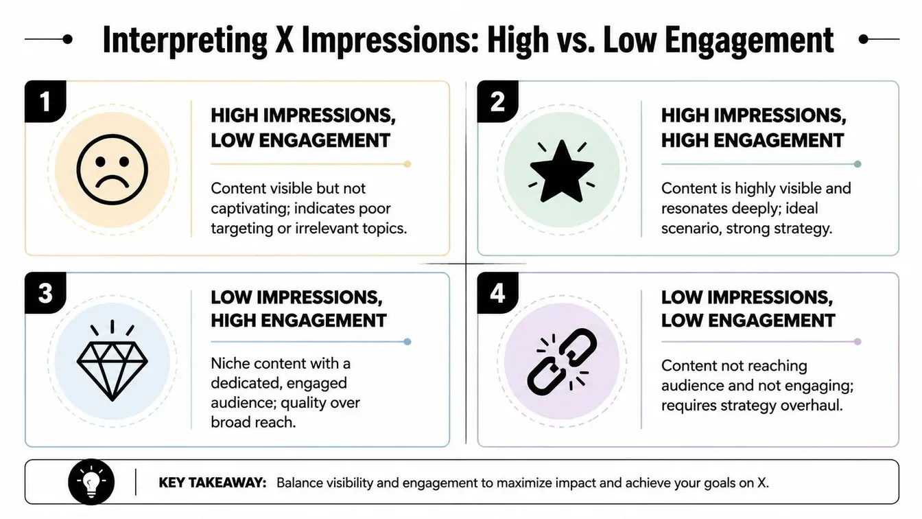 A quadrant chart illustrating the relationship between X impressions and engagement levels for social media strategy.
