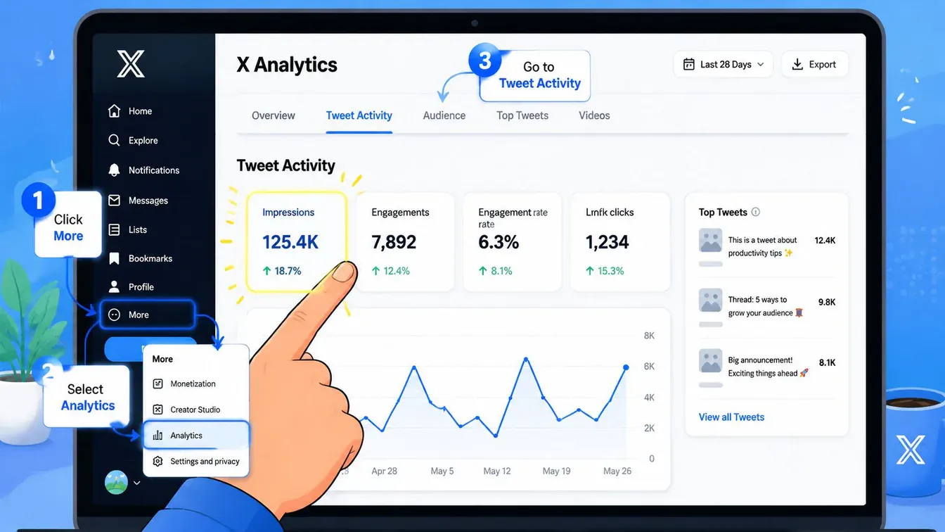 A screenshot demonstrating how to navigate to X Analytics to view tweet performance data like impressions.