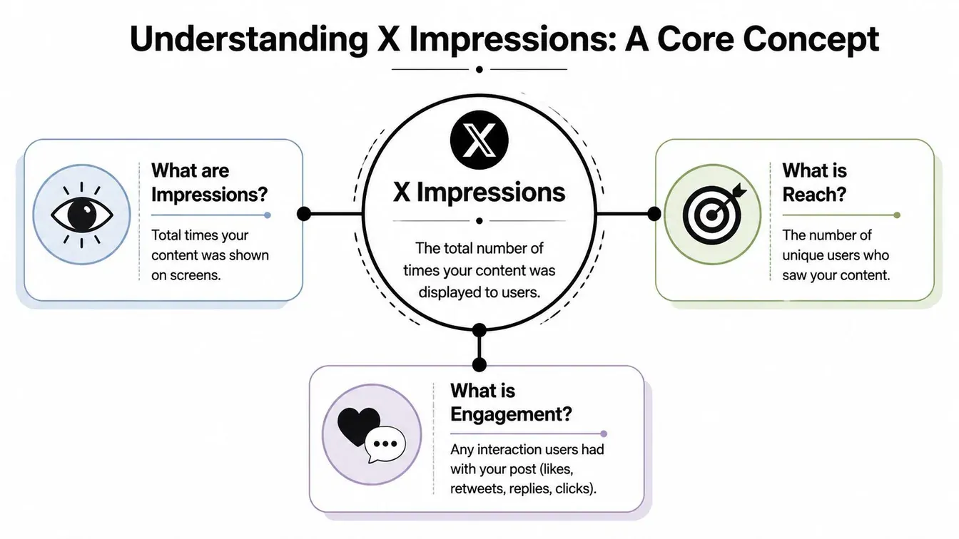 A diagram explaining X impressions, defining impressions, reach, and engagement metrics for social media content analysis.