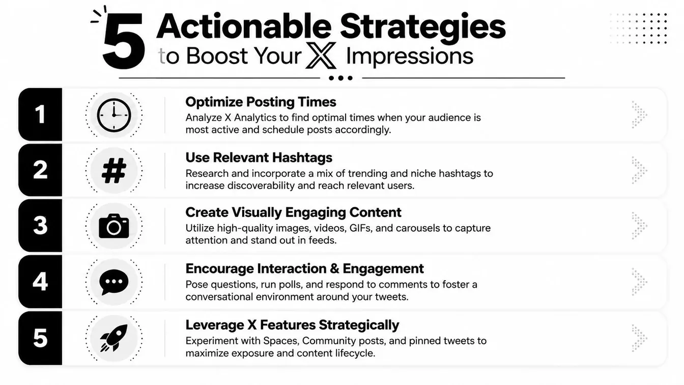 A list of five actionable strategies for boosting social media impressions on the X platform.