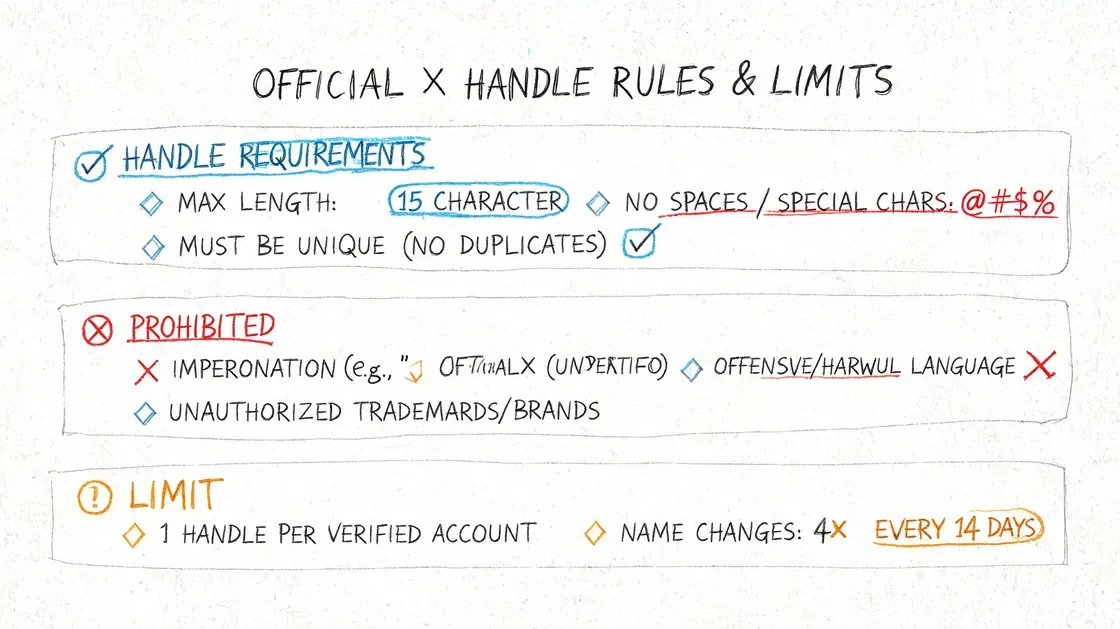 A hand-drawn guide outlining official rules and limits for choosing and changing an X social media handle.
