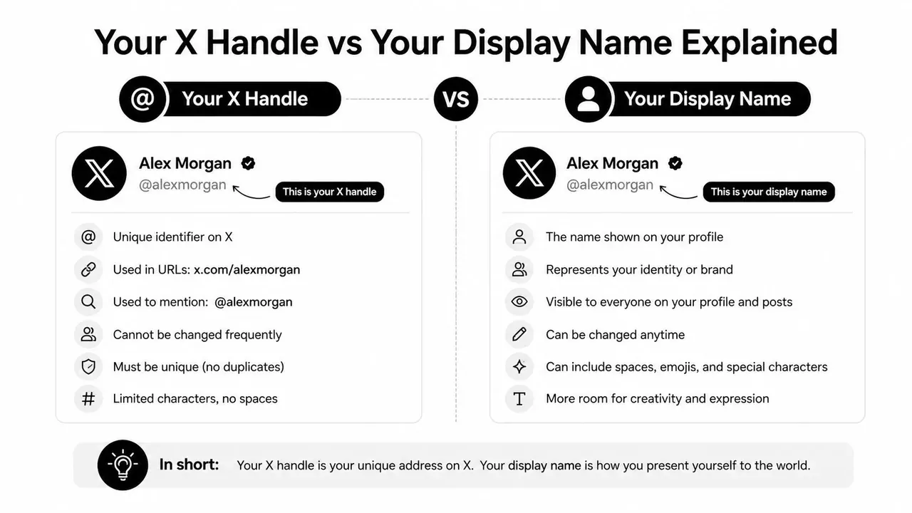 A hand-drawn infographic comparing the X social media handle and display name, highlighting their differences in uniqueness, format, and usage.
