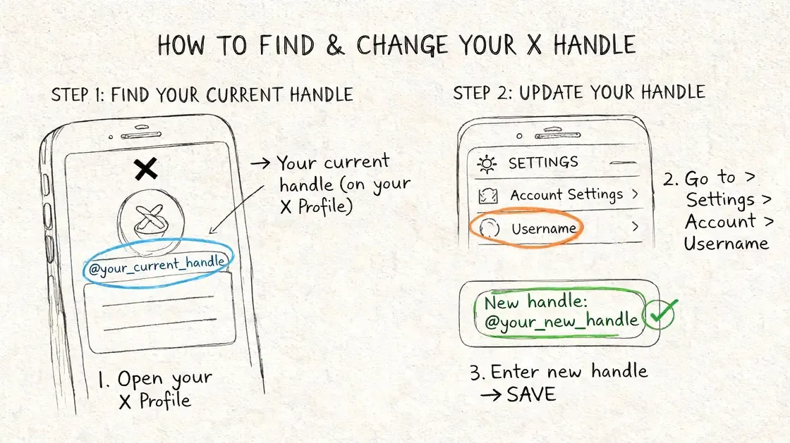 A hand-drawn illustration showing steps to find and change an X social media account handle.