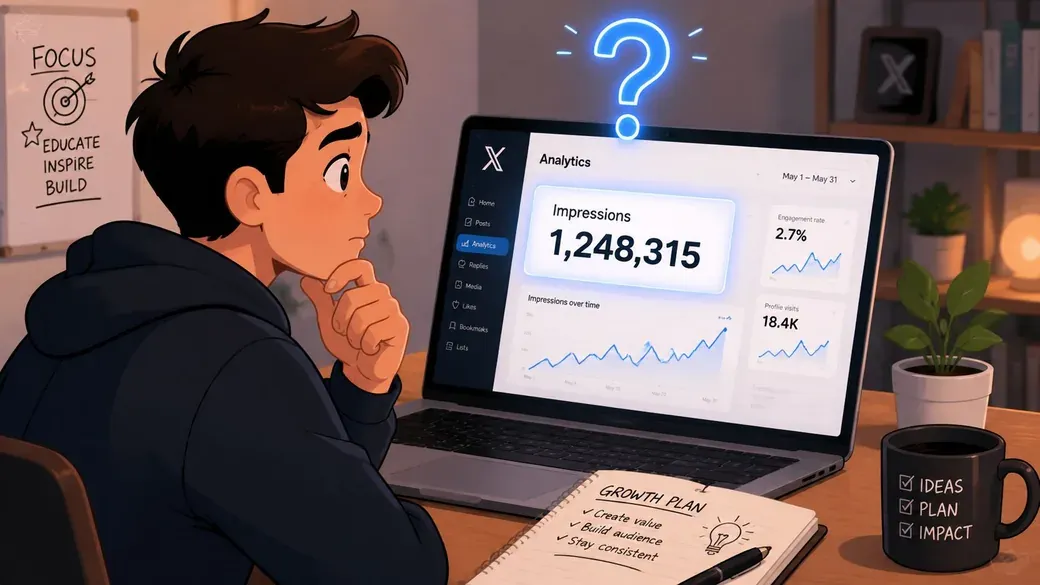 A young man sits thoughtfully at his desk looking at Twitter analytics data displayed on a laptop screen.