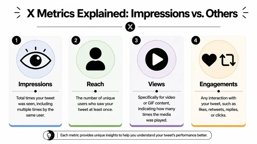 An infographic explaining X platform metrics including impressions, reach, views, and engagements with simple icons.