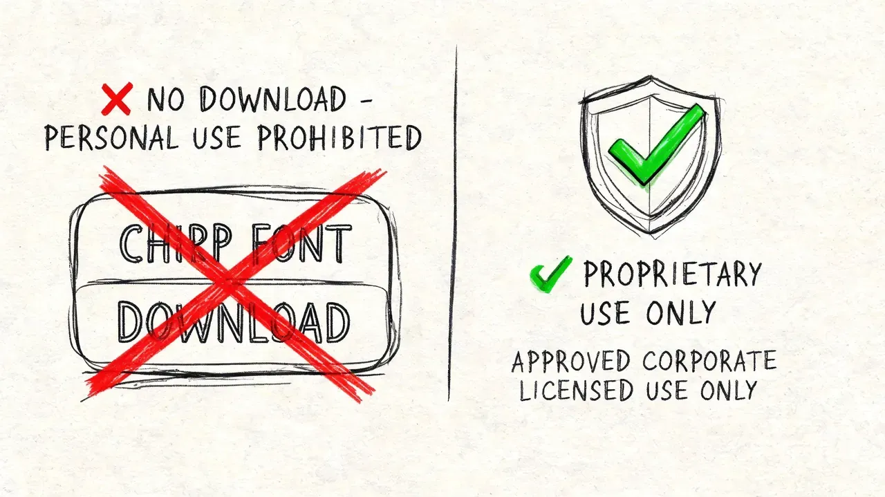A diagram illustrating that the Chirp font is prohibited for personal use and restricted to corporate licensing.