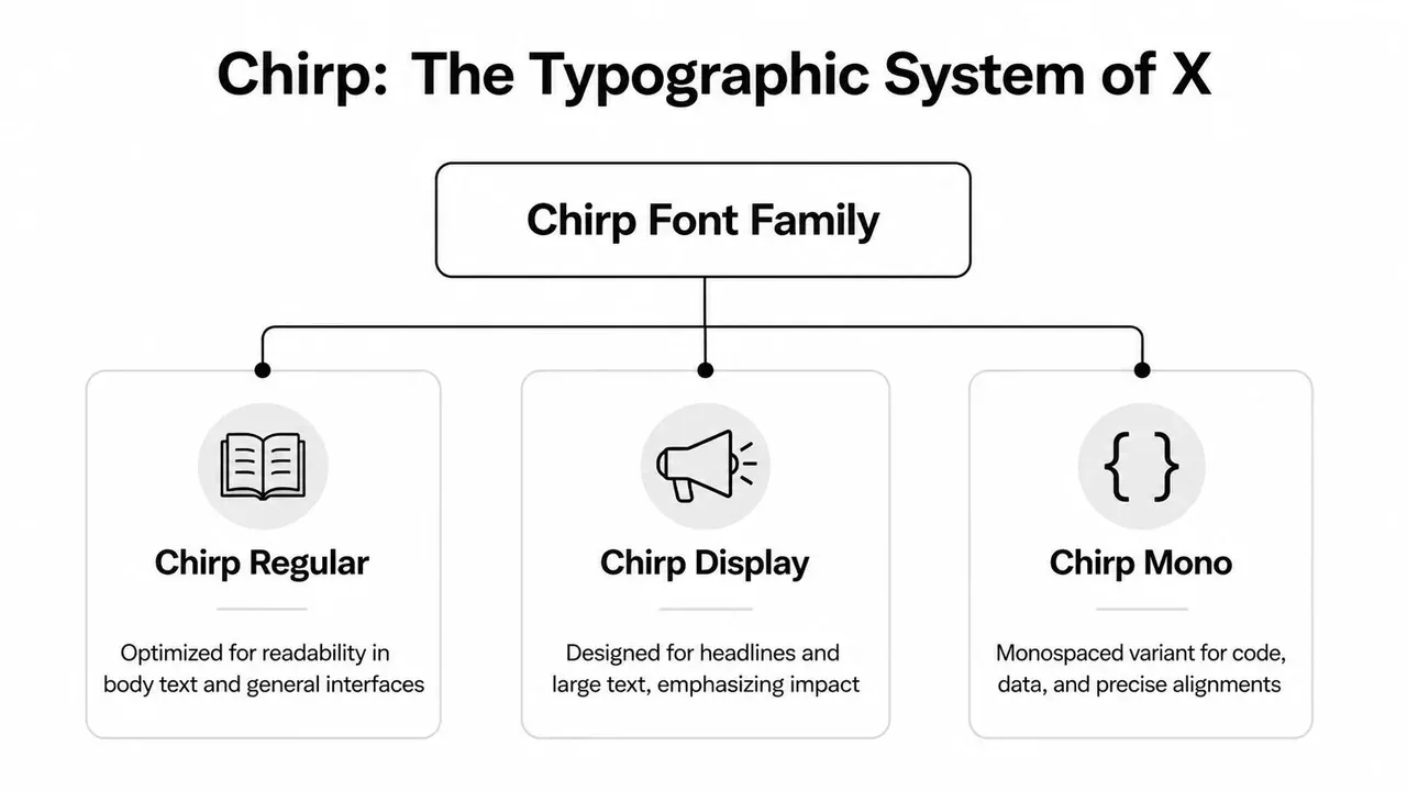 A diagram illustrating the Chirp font family used by X, showing three distinct variants and their specific purposes.
