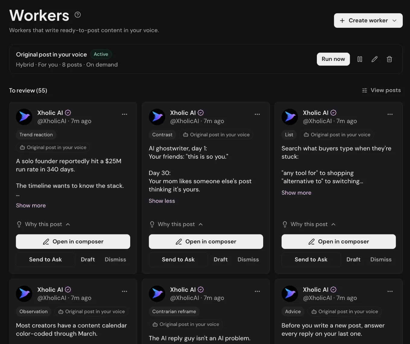 Xholic's Workers page: a Hybrid worker writing original posts in your voice, with drafted posts to review, each with Open in composer, Draft and Dismiss.