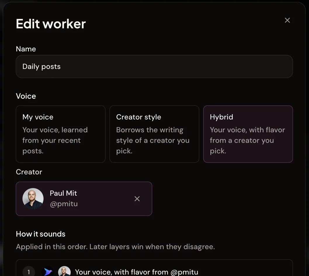 Editing an Xholic Worker with the Hybrid voice selected