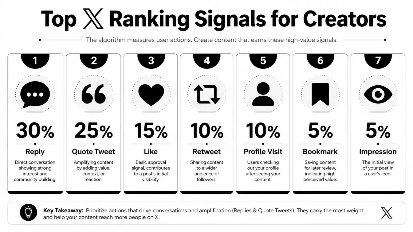 A chart illustrating the seven top ranking signals for content creators on the X platform algorithm.