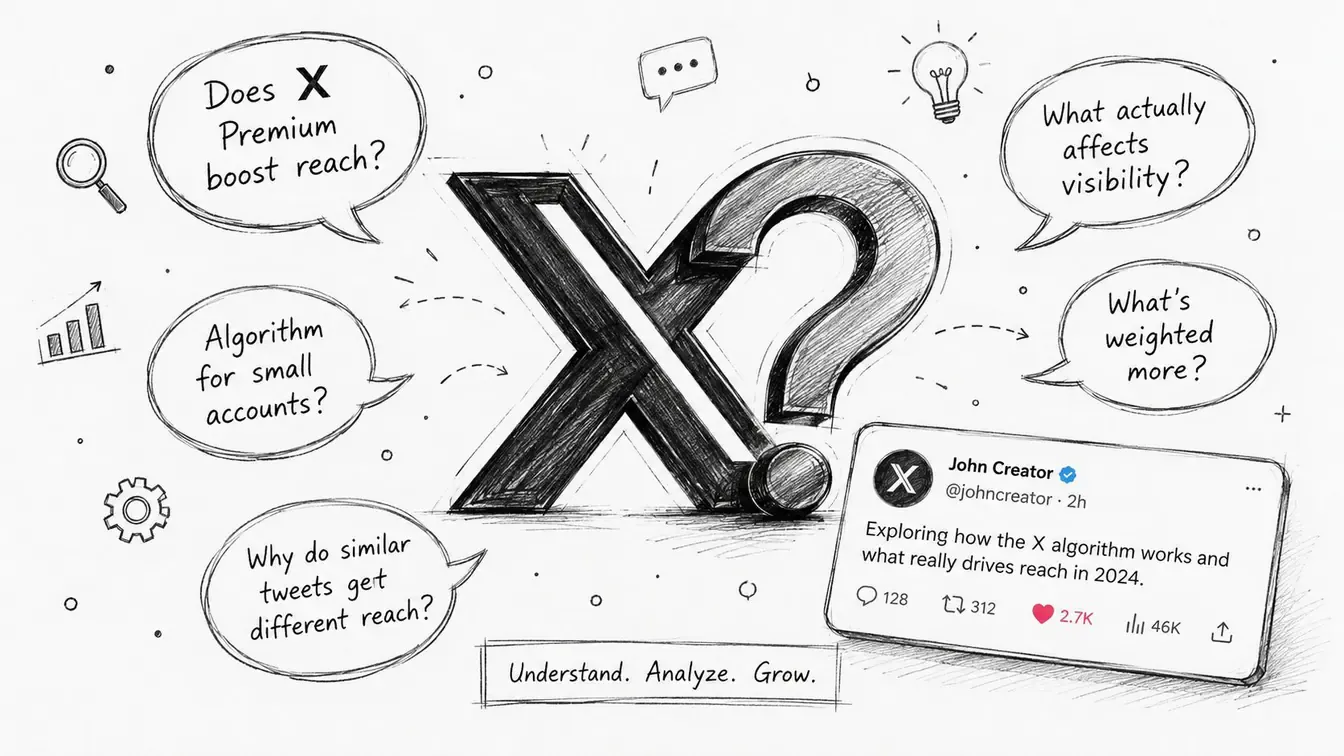 A hand-drawn sketch exploring questions about the X social media algorithm and its impact on post reach.