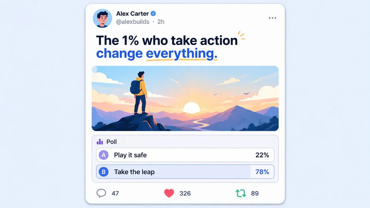 An example X post using a strong hook, visual, poll, and engagement metrics to show content formats that invite interaction.