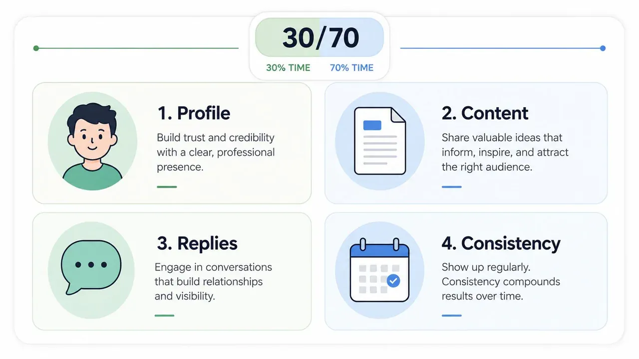 A 30/70 X engagement framework showing profile, content, replies, and consistency as four core growth pillars.